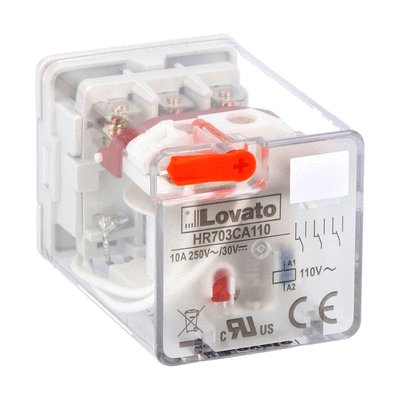 11-PIN Industrial relay with LED state indicator and mechanical actuator, 110/120VAC, 10A, 3 C/O contacts, fitting on socket HR7XS2