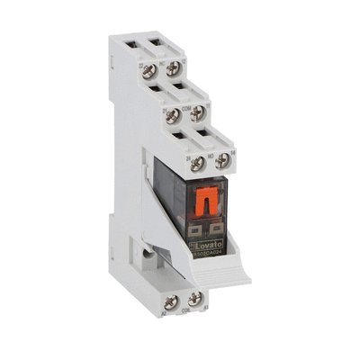 Assembled miniature relay with LED state indicator and mechanical actuator, 24VAC, 8A, 2C/O contact. Screw terminals with retain/release clip