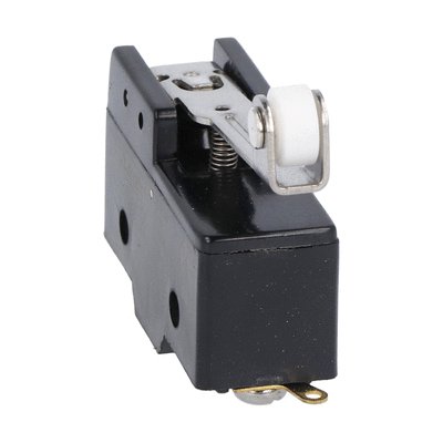 Plastic micro switch, K series, roller centre push lever. 48.5mm/1.91in long lever. Contacts 1NO/NC. Solder terminals