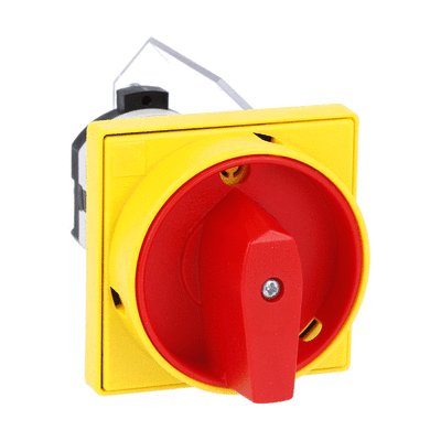 Rotary cam switch 7GN series, ON-OFF switch 1 pole 25A, for front mounting with red/yellow handle padlockable in 0 and protection covers, front plate 65X65mm