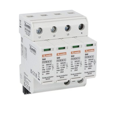 Surge protection device type 1 and 2 with plug-in cartridge, IEC impulse current Iimp (10/350μs) 12.5kA per pole, 3P+N. With remote contact