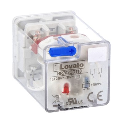 8-PIN Industrial relay with LED state indicator and mechanical actuator, 110VDC, 10A, 2 C/O contacts, fitting on socket HR7XS1