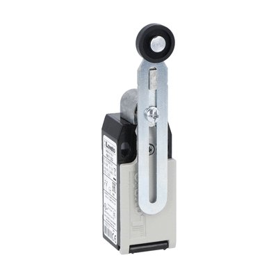 Limit switch, K series, adjustable roller lever, 1 bottom cable entry. Dimensions to EN 50047, metal body, contacts 2NC snap action. Plastic roller