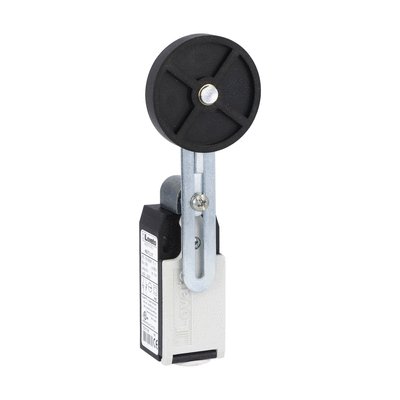 Limit switch, K series, adjustable roller lever, 1 bottom cable entry. Dimensions to EN 50047, plastic body, contacts 1NO+1NC snap action. Rubber roller