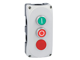 Grey control station LPZP3A8 complete with green flush pushbutton "I" LPCB1113 1NO, red flush pushbutton "O" LPCB1104 1NC and red pilot light 24V