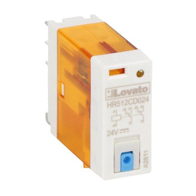 Miniature relay with LED state indicator and mechanical actuator, 48VDC, 10A, 2C/O contacts, with flat pin terminals. Fitting on sockets HR5XS212 or HR5XS212S