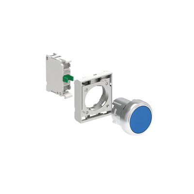 KIT metal pushbutton actuator, spring return, flush, blue with mounting adapter and 1 contact element, NO. Screw termination