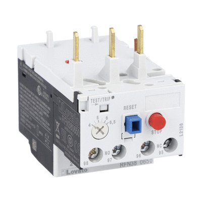 Motor protection relay, non phase failure/non single-phase sensitive. Three-pole (three-phase), manual or automatic resetting. Direct mounting on BF09 - BF38 contactors, 0.25...0.40A