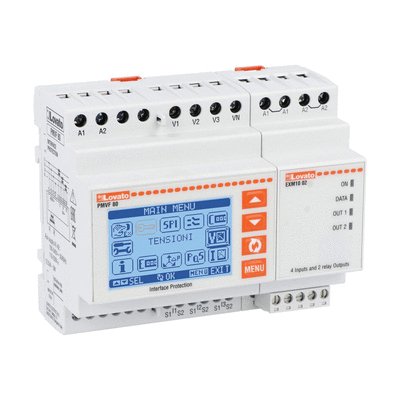 Interface protection system compliant with VDE-AR-N 4105 and VDE V 0126-1-1 for three-phase system, with or without neutral, dual threshold minimum and maximum voltage and frequency protection, R.O.C.O.F. and vector shift