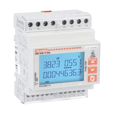 Energy meter, three-phase with neutral, non expandable, MID certified, UTF certified. Connection by CT /5A secondary, 4U, 2 programmable static outputs, multi-measurements