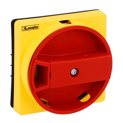 Door-coupling handle, padlockable. Red/yellow, rotating, for GA...A, GA016C…GA040C and GA063SC. Ring fixing. Recessed selector selector. 5mm/0.2”. ISO19085, IP65