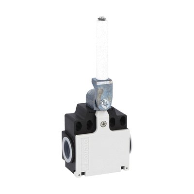 Limit switch, K series, ceramic rod lever, 2 side cable entry. Dimensions compatible to EN 50047, plastic body, contacts 2NC snap action. Ceramic rod