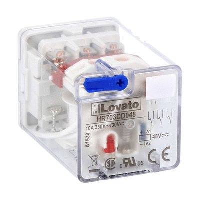 11-PIN Industrial relay with LED state indicator and mechanical actuator, 48VDC, 10A, 3 C/O contacts, fitting on socket HR7XS2