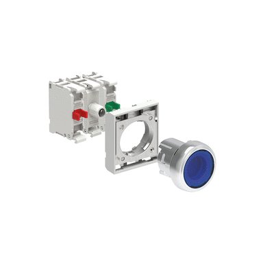 KIT metal illuminated button actuator, spring return, flush, blue with mounting adapter and 2 contact elements, 1NO+1NC. Screw termination. LED integrated lamp-holder, steady light, 12...30VAC/DC