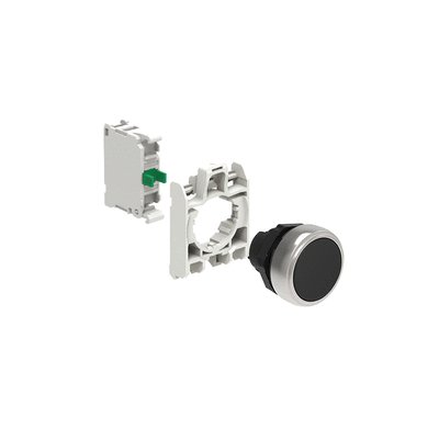KIT plastic pushbutton actuator, spring return, flush, black with mounting adapter and 1 contact element, NO. Screw termination