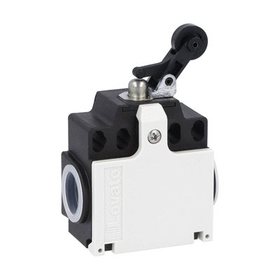 Limit switch, K series, roller side push lever, 2 side cable entry. Dimensions compatible to EN 50047, plastic body, contacts 2NC snap action. Plastic roller