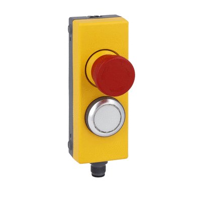 Control station for 40mm profile rails with mushroom head pushbutton, latch, turn to release for emergency stopping, 2NC and white flush illuminated pushbutton, spring return, 5…35VAC/DC, 1NO