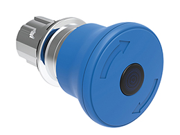 Illuminated mushroom head button actuator Ø22mm Platinum series metal, latch, turn to release, Ø40mm. For normal stopping. Blue