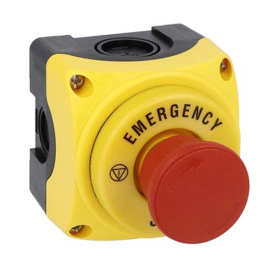 Yellow control station with emergency illuminated disk, 24VAC/DC auxiliary supply, text: "" EMERGENCY STOP" complete with mushroom pushbutton turn-to-release LPCB6644 1NO+1NC.