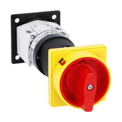 Rotary cam switch GF series, ON-OFF switch 4 poles 20A, for rear mounting with red/yellow handle padlockable in 0, door coupling and protection covers, front plate 48X48mm