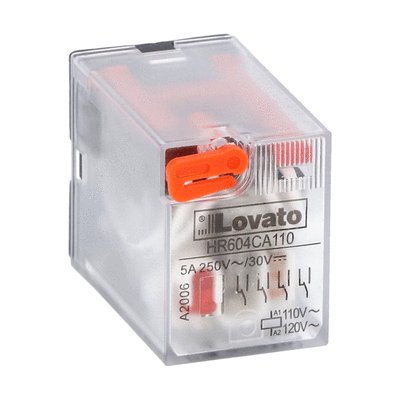 Industrial relay with LED state indicator and mechanical actuator, 110/120VAC, 5A, 4 C/O contact. Fitting on socket HR6XS4...