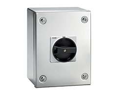 IEC/EN type IP65 stainless steel AISI 304 enclosure switch disconnector, three-pole. With rotating black handle, 63A. Enclosure dimensions: 150x200x120mm/5.9x7.9x4.7'', PE