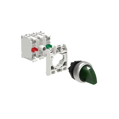 KIT plastic illuminated selector switch actuator, 3 position, 1 0 2. Green with mounting adapter and 2 contact elements, 1NO+1NC. Screw termination. LED integrated lamp-holder, steady light, 185...265VAC