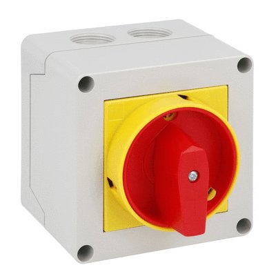 Enclosed rotary cam switch 7GN series, ON-OFF switch 1 pole 25A in plastic enclosure 90X90mm with red/yellow handle