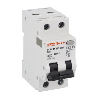 Residual current circuit breaker with overcurrent protection, 10kA. 2 modules, 1P+N - type A, curve B, 25A, 300mA