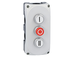 Grey control station LPZP3A8 complete with white flush pushbutton "I" LPCB1118 1NO, red extended pushbutton "O" LPCB2104 1NC and white flush pushbutton "II" LPCB1128 1NO
