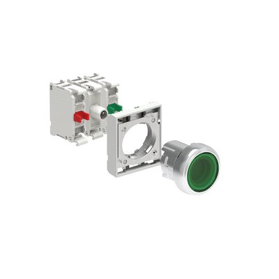 KIT metal illuminated button actuator, spring return, flush, green with mounting adapter and 2 contact elements, 1NO+1NC. Screw termination. LED integrated lamp-holder, steady light, 185...265VAC