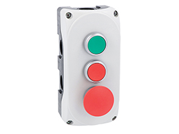 Grey control station LPZP3A8 complete with green flush pushbutton LPCB103 1NO, red flush pushbutton LPCB104 1NC and mushroom pushbutton spring return LPCB6144 1NC