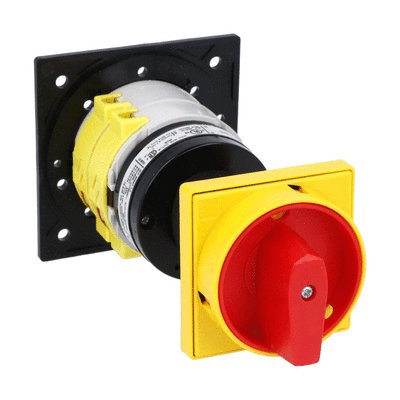 Rotary cam switch 7GN series, ON-OFF switch 3 poles 63A, for rear mounting with red/yellow handle padlockable in 0, door coupling and protection covers, front plate 65X65mm