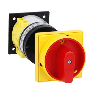 Rotary cam switch 7GN series, ON-OFF switch 1 pole 40A, for rear mounting with red/yellow handle padlockable in 0, door coupling and protection covers, front plate 65X65mm