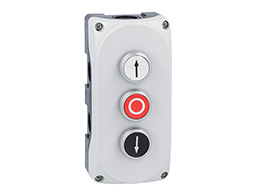 Grey control station LPZP3A8 complete with white flush pushbutton "UP ARROW" LPCB1158 1NO, red flush pushbutton "O" LPCB1104 1NC and white flush pushbutton "DOWN ARROW" LPCB1152 1NO