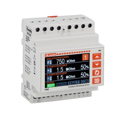 Insulation monitoring device for DC electric vehicle charging stations. Single channel, with display and built-in RS485 port. Maximum monitored voltage 1500VDC, auxiliary supply voltage 12-24VDC