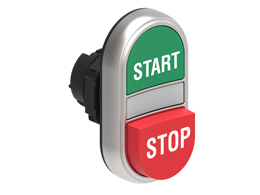 Double-touch actuator, spring return, white indicator Ø22mm Platinum series chromed plastic, 1 extended and 1 flush pushbuttons. Both spring return, Green - Red/START - STOP