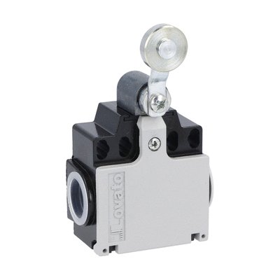 Limit switch, K series, roller lever plunger, 2 side cable entry. Dimensions compatible to EN 50047, metal body, contacts 2NO slow action. Metal roller