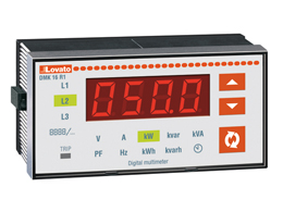 Flush-mount LED multimeter, three-phase, non expandable, 3 phase voltage values, 3 phase to phase voltage values, 3 phase current values, 4 active power values, phase and total, 4 reactive power values, phase and total, 4 apparent power values, phase and total, 3 phase power factor values, 1 frequency value, 1 active energy value in kWh, 1 reactive energy value in kvarh, 1 hour counter, 3 max phase...