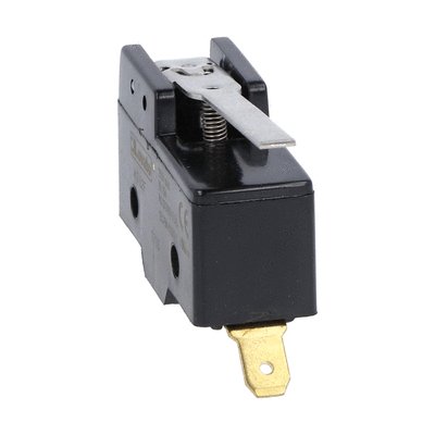 Plastic micro switch, K series, metal lever. 54mm/2.13in long flat lever. Contacts 1NO/NC. Faston terminals