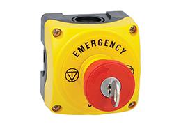 Yellow control station LPZP1A5 complete with mushroom pushbutton turn-key-to-release LPCB6844 1NC and "EMERGENCY/STOP" disk