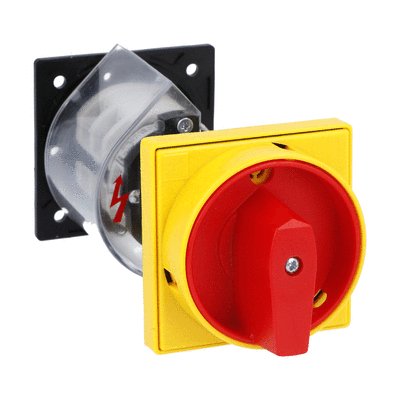 Rotary cam switch 7GN series, ON-OFF switch 2 poles 25A, for rear mounting with red/yellow handle padlockable in 0, door coupling and protection covers, front plate 65X65mm