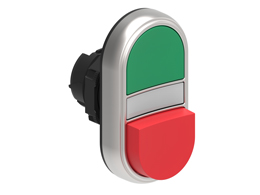 Double-touch actuator, spring return, white indicator Ø22mm Platinum series chromed plastic, 1 extended and 1 flush pushbuttons. Both spring return, Green - Red