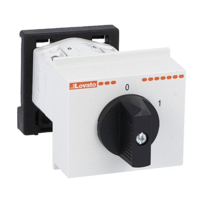 Rotary cam switch GF series, ON-OFF switch 2 poles 20A, modular service cover for 35mm DIN reail mounting with black handle, front plate 45X54mm