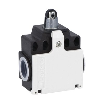 Limit switch, K series, top roller push plunger, 2 side cable entry. Dimensions compatible to EN 50047, plastic body, contacts 2NC snap action. Plastic roller