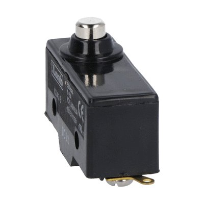 Plastic micro switch, K series, top push rod - metal plunger. Low rod plunger. Contacts 1NO/NC. Solder terminals