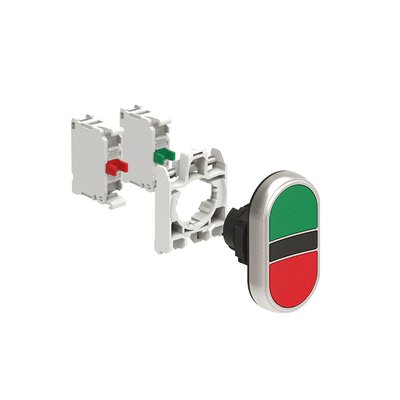 KIT plastic double-touch actuator, spring return, 2 flush pushbuttons, Green Red with mounting adapter and 2 contact elements, 1NO+1NC. Screw termination