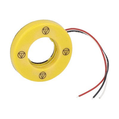 Ø60mm emergency illuminated disk for Ø22mm mushroom buttons, 220…240VAC auxiliary supply, marked with IEC60417-5638 symbol.
