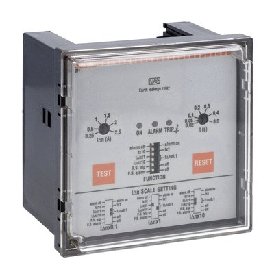 Earth leakage relay with 2 operatin thresholds, flush-mount. External CT. Fail safe, 110VAC-240VAC-415VAC