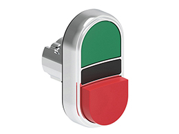 Double-touch actuator, spring return Ø22mm Platinum series metal, 1 extended and 1 flush pushbuttons. Both spring return, Green - Red
